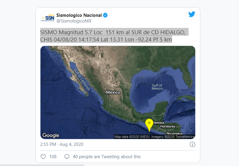 Sismo magnitud 5.7 sacude Chiapas